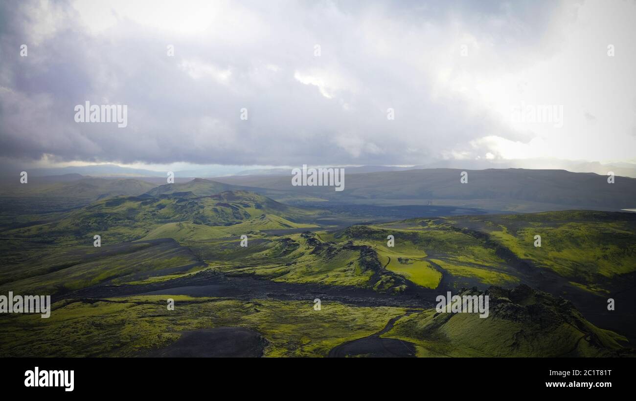 Paesaggio della valle di Lakagigar e crateri di Laki , Islanda centrale Foto Stock