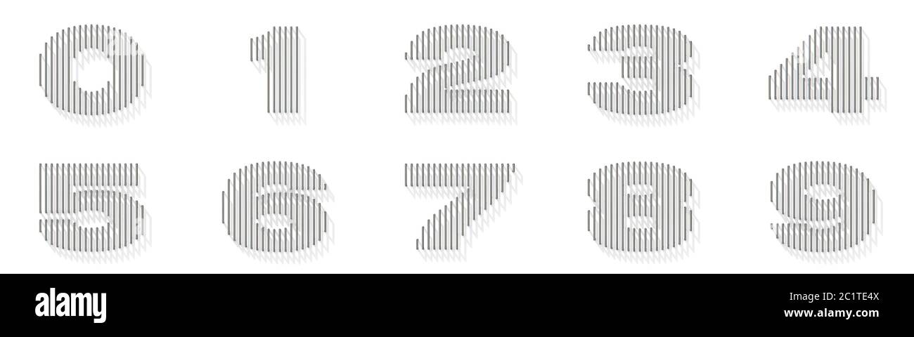 Numeri di font in filo d'acciaio argento con ombre verticali 3D Foto Stock