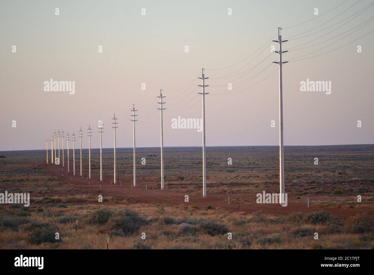 Fila di piloni per l'alimentazione elettrica in linea retta nel deserto arido e piatto dell'Outback australiano vicino a Coober Pedy, in Australia Meridionale Foto Stock