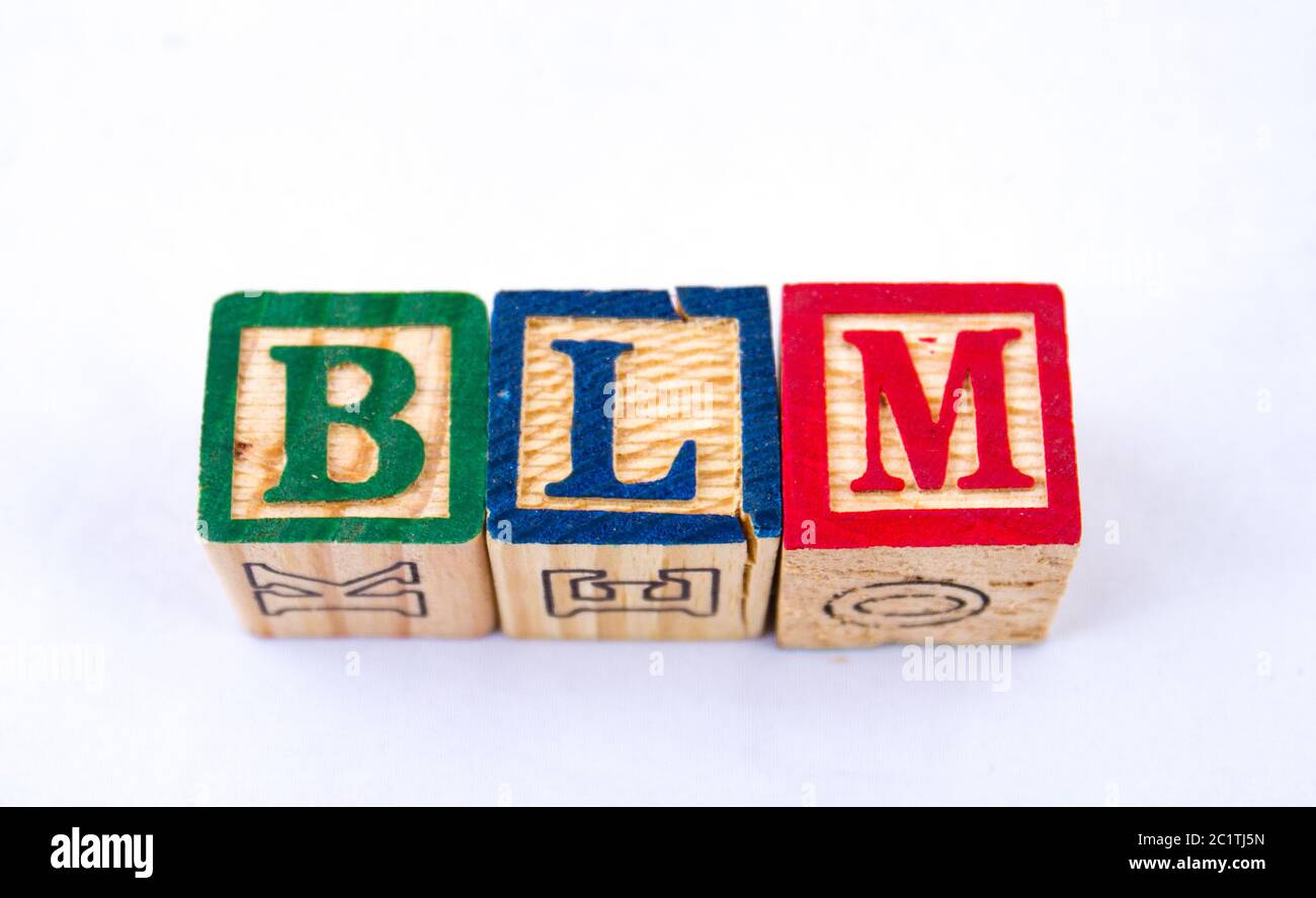 L'abbreviazione BLM è visualizzata visivamente su uno sfondo chiaro utilizzando un'immagine colorata in blocchi di legno con spazio di copia in formato orizzontale Foto Stock