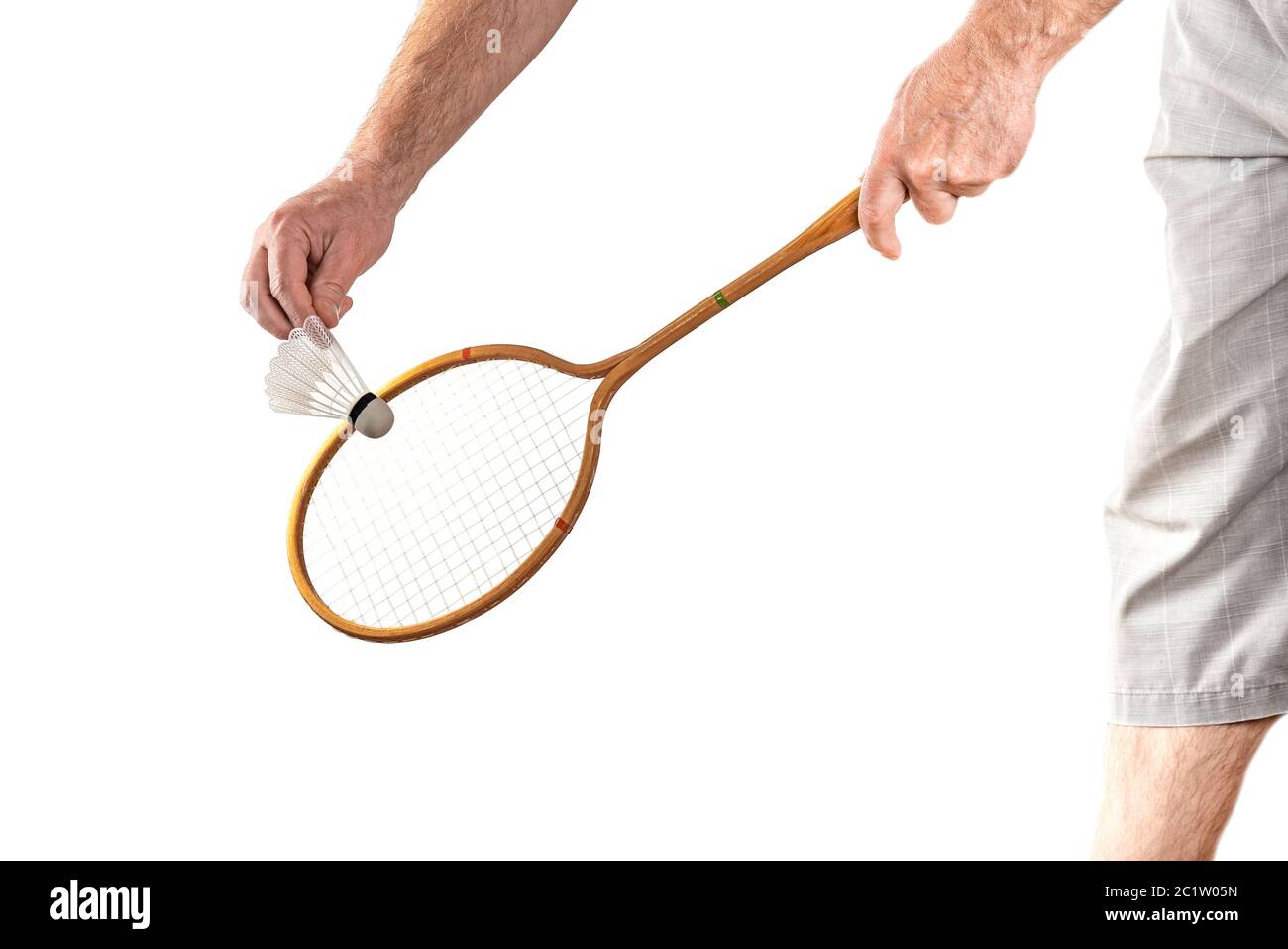 Racchetta di badminton vintage in legno isolata a mano su sfondo bianco Foto Stock