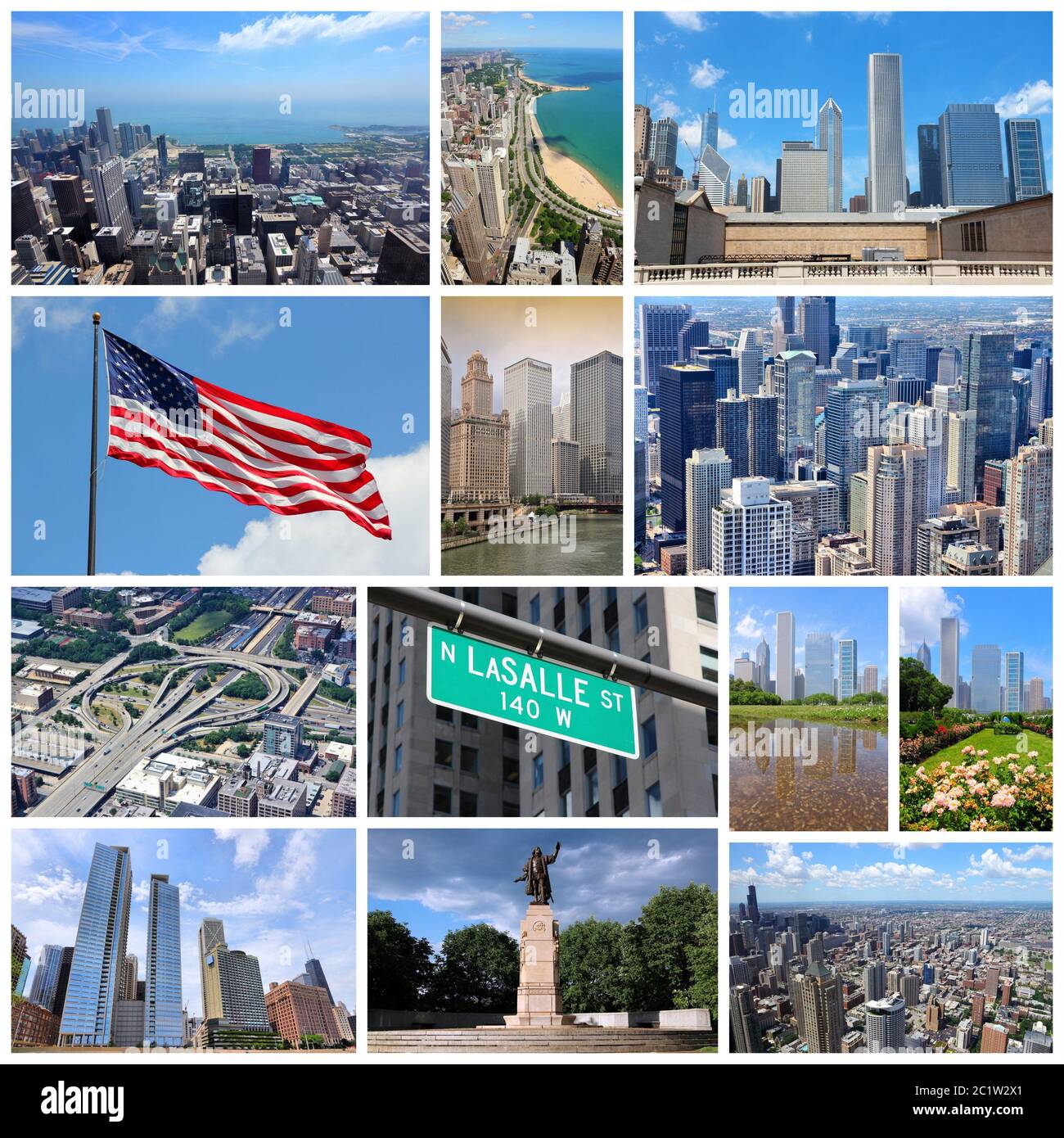 Collage fotografico da Chicago, Stati Uniti. Il collage include i principali monumenti storici come lo skyline della città, il Loop e la Gold Coast del lago Michigan. Foto Stock