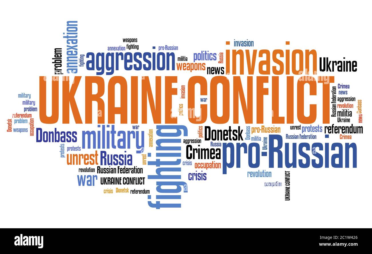 L'Ucraina conflitto - parole chiave per pro-russo disordini in Ucraina. Parola concetto di cloud computing. Foto Stock