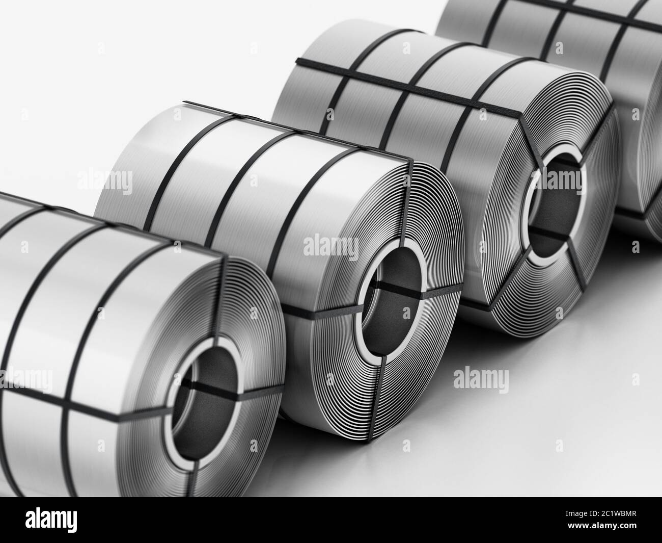 Rotoli in acciaio inox in fila. Illustrazione 3D. Foto Stock