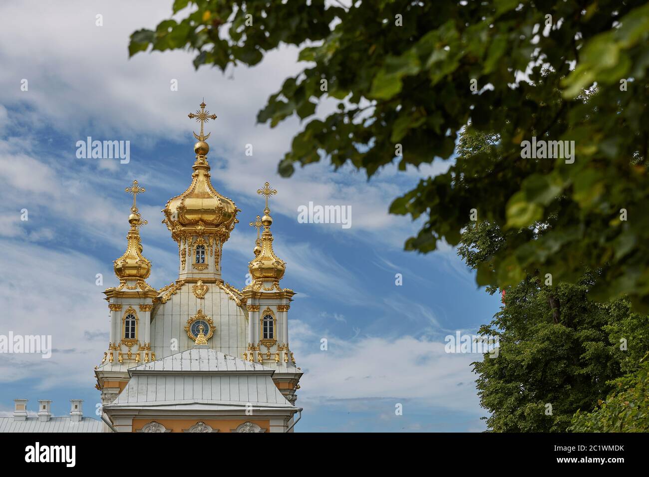 Vista del famoso punto di riferimento del Palazzo Peterhof vicino alla città di San Pietroburgo in Russia Foto Stock