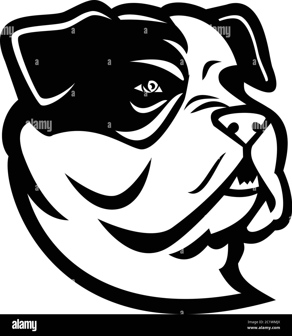 Mascot nero e bianco illustrazione della testa di un bulldog americano tipo bully, una razza di cane di utilità visto da un lato su sfondo isolato in retrò Illustrazione Vettoriale