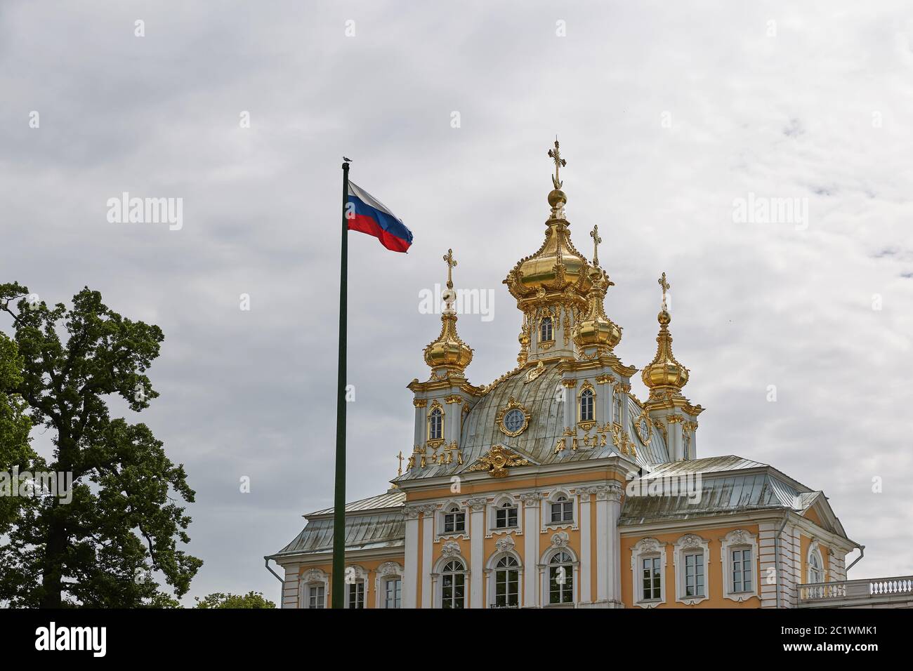 Vista del famoso punto di riferimento del Palazzo Peterhof, vicino alla città di San Pietroburgo in Russia Foto Stock
