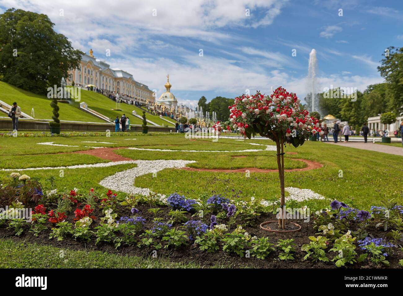Vista del famoso punto di riferimento del Palazzo Peterhof, vicino alla città di San Pietroburgo in Russia durante il sole Foto Stock