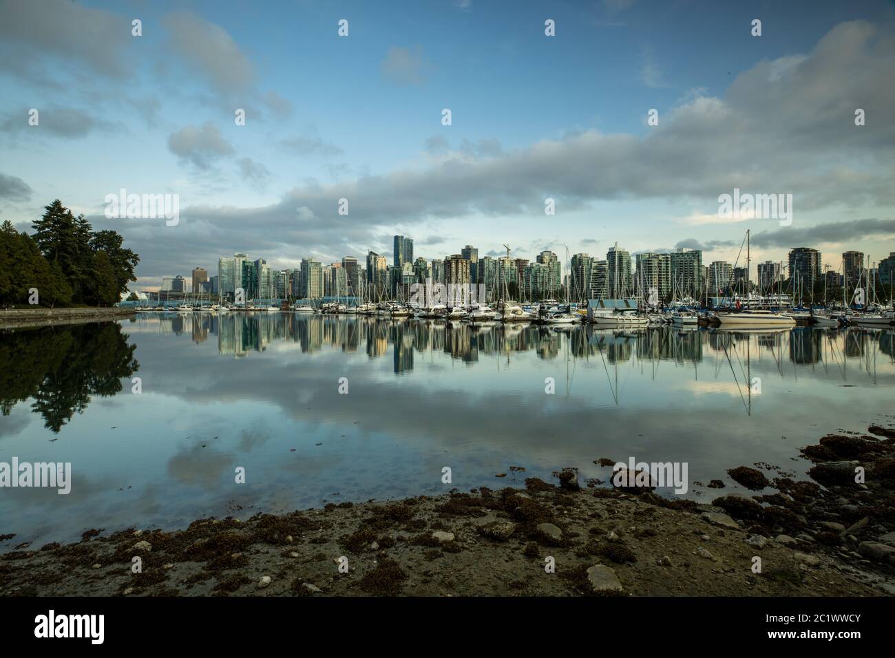 Lo skyline di Vancouver di notte Foto Stock