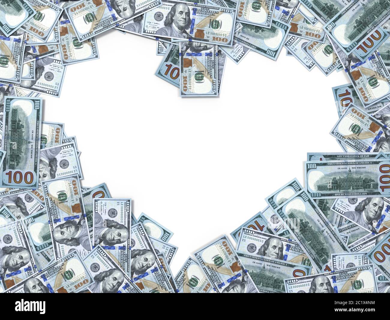 banconote in dollari sparse sul terreno. immagine con spazio di copia a forma di cuore. adatto per soldi, economia, finanza e temi bancari. Illustrazione 3D Foto Stock