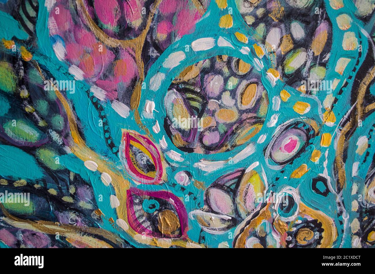 Disegnata a mano di pittura acrilica. L'arte astratta sfondo. Pittura Acrilica su tela di canapa. Colore e struttura. Frammento di opere d'arte. Pennellate di vernice. Ar moderno Foto Stock