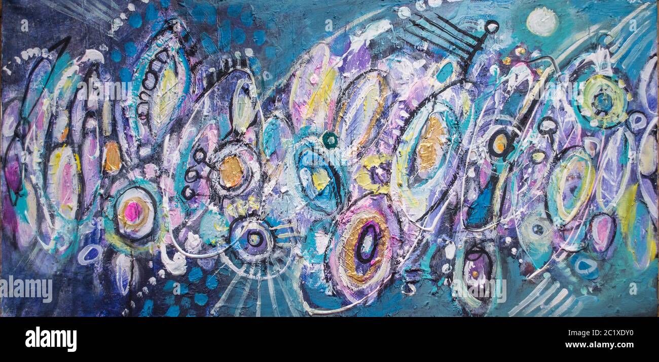 Disegnata a mano di pittura acrilica. L'arte astratta sfondo. Pittura Acrilica su tela di canapa. Colore e struttura. Frammento di opere d'arte. Pennellate di vernice. Ar moderno Foto Stock