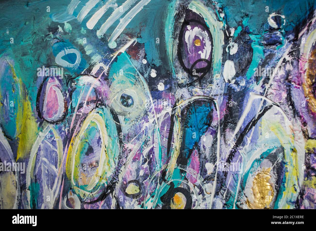 Disegnata a mano di pittura acrilica. L'arte astratta sfondo. Pittura Acrilica su tela di canapa. Colore e struttura. Frammento di opere d'arte. Pennellate di vernice. Ar moderno Foto Stock