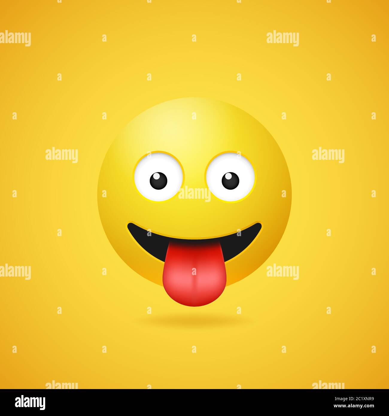 Emoticon sorridente felice con lingua bloccata su sfondo giallo gradiente. Vettore divertente icona Emoji cartone giallo. Illustrazione 3D per chat o messaggi Illustrazione Vettoriale