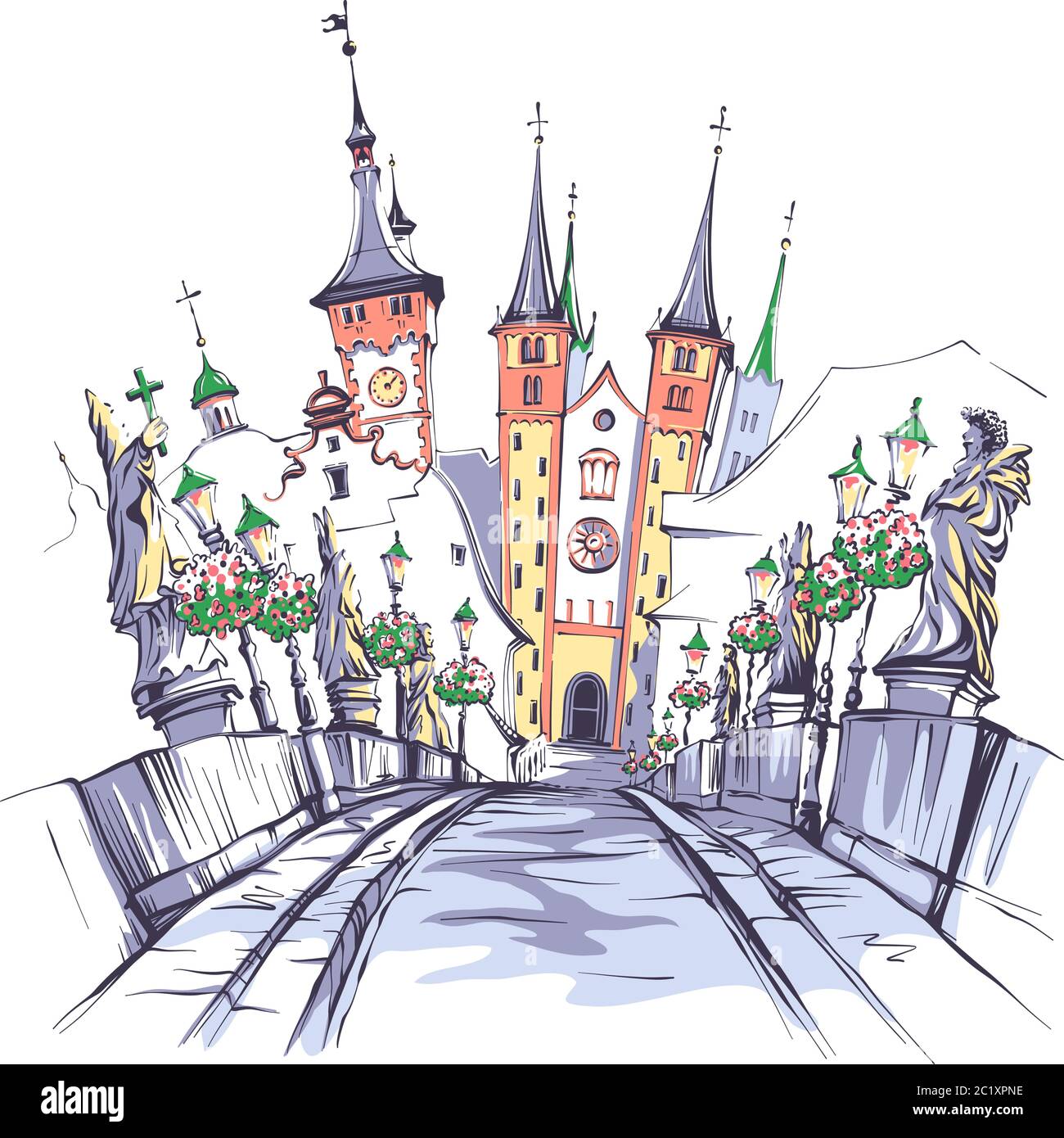 Disegno vettoriale di Alte Mainbrucke, Ponte Vecchio principale, con statue di santi a Wurzburg, Franconia, Baviera settentrionale, Germania Illustrazione Vettoriale