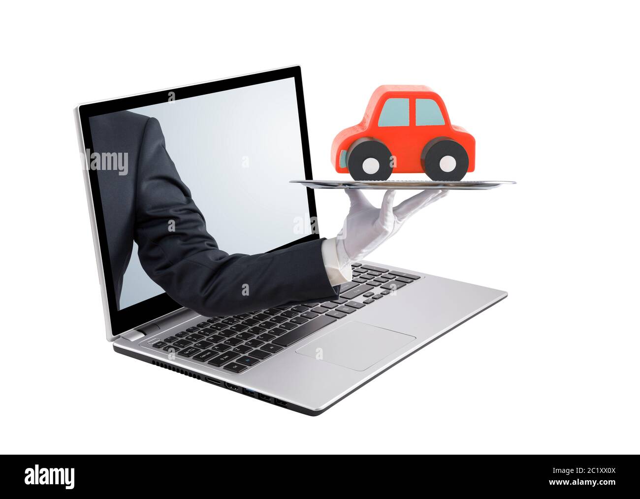 Uomo d'affari offrendo auto rossa sul vassoio d'argento su di uno schermo portatile, isolato su bianco Foto Stock