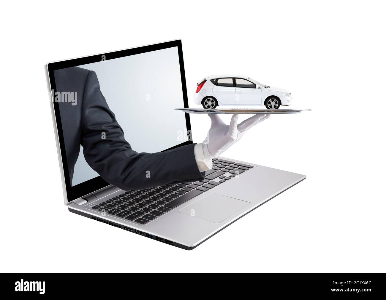 Uomo d'affari offrendo bianco auto sul vassoio d'argento su di uno schermo portatile, isolato su bianco Foto Stock