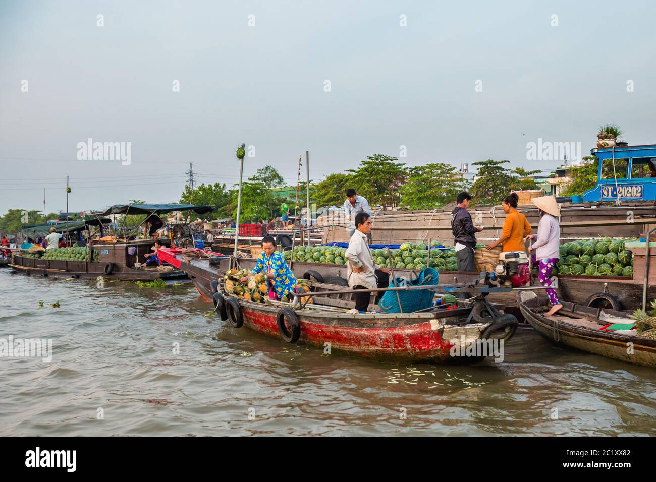 CAN Tho, Vietnam - Febbraio 2020 : mercato galleggiante di mattina Cai Rang. Mercato locale di cibo fresco. Foto Stock