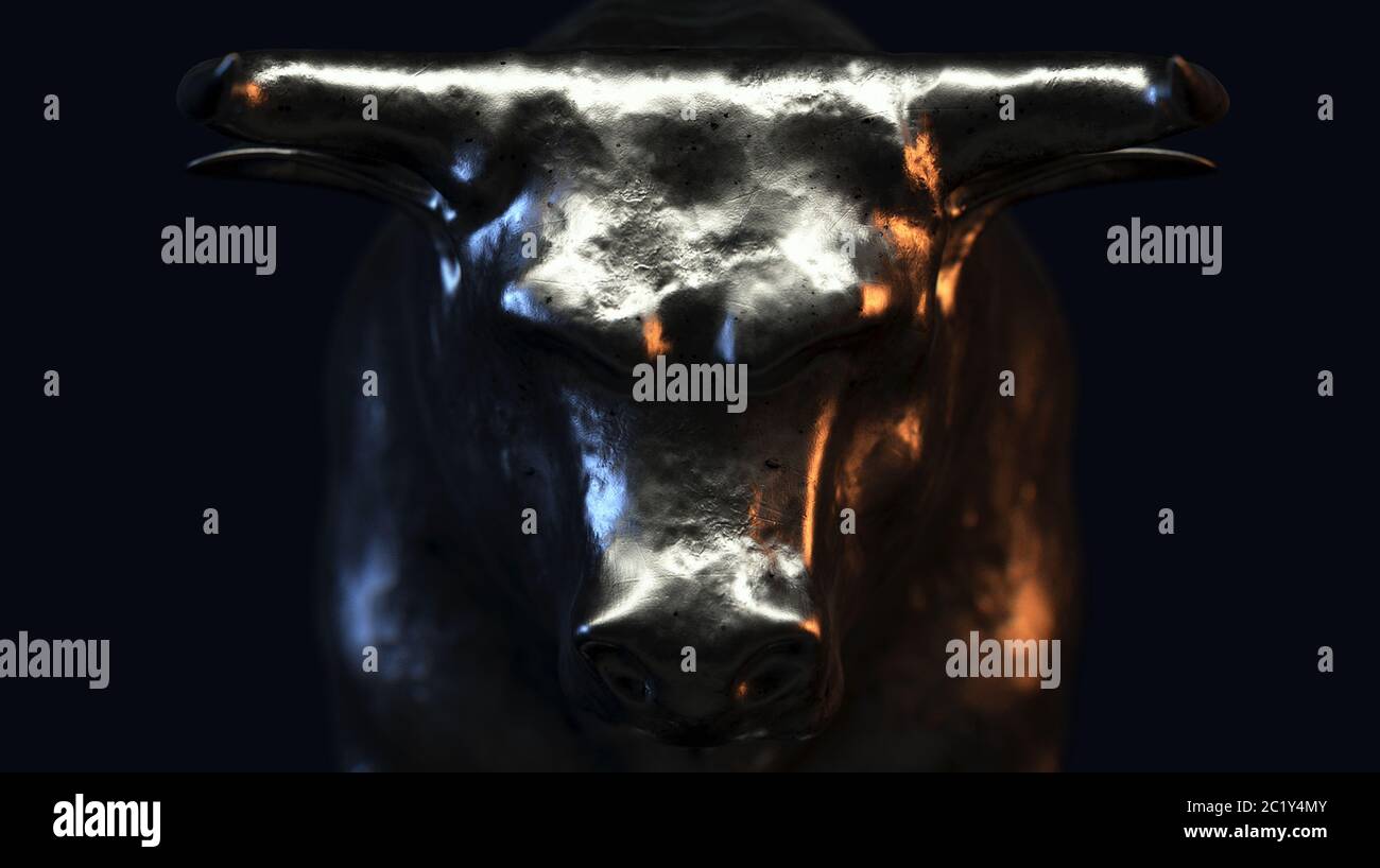 Una fusione in metallo frontale che raffigura un toro in una luce scura e drammatica che rappresenta le tendenze del mercato finanziario - rendering 3D Foto Stock