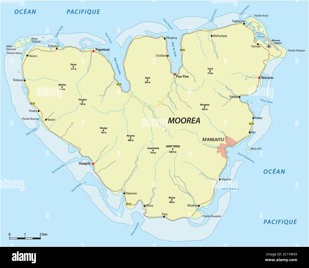 Mappa stradale vettoriale dell'isola di Moorea in Polinesia francese Illustrazione Vettoriale