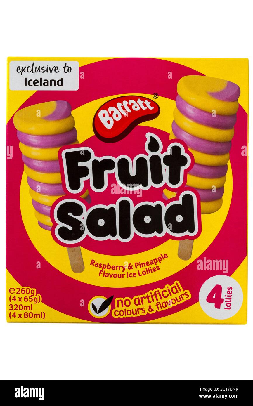 Scatola di insalata di frutta Barratt Raspberry & Pineapple di ghiaccio di sapore esclusivo per l'Islanda isolato su sfondo bianco Foto Stock