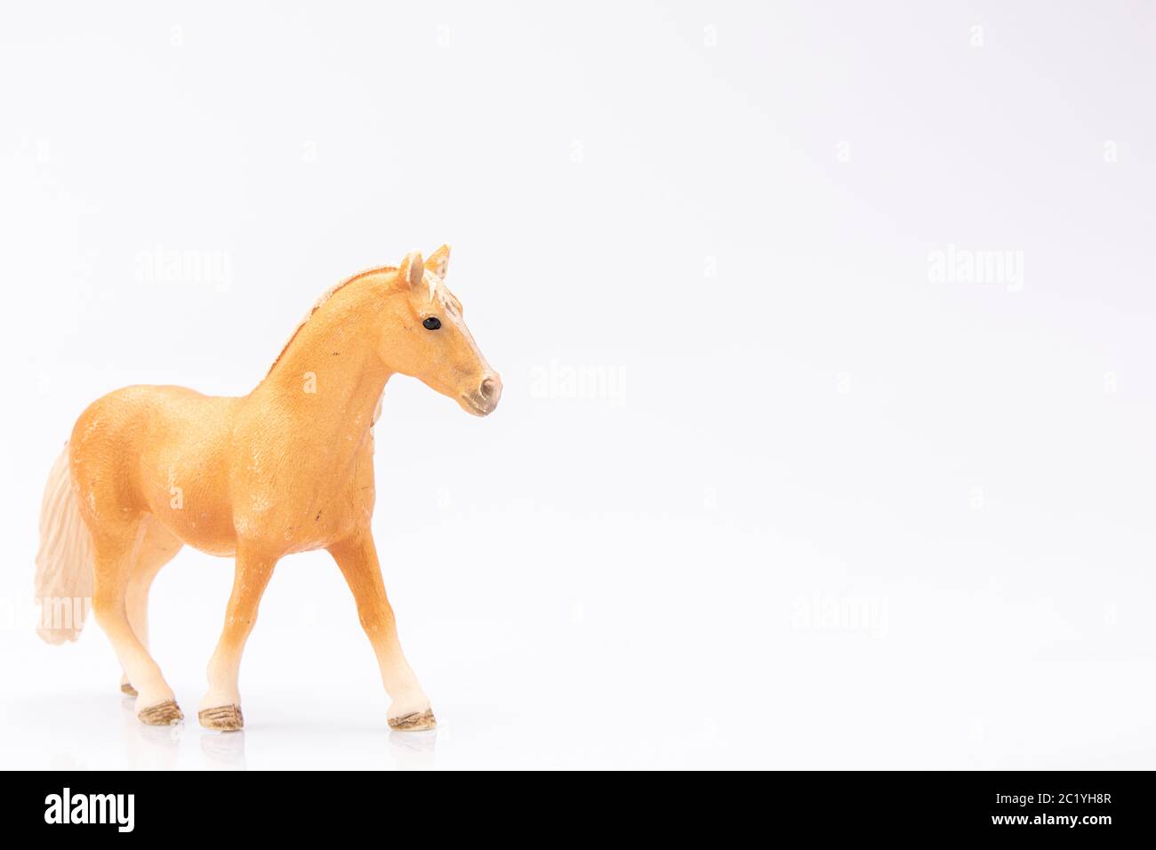 primo piano di una testa di cavallo di plastica marrone isolata su sfondo bianco Foto Stock