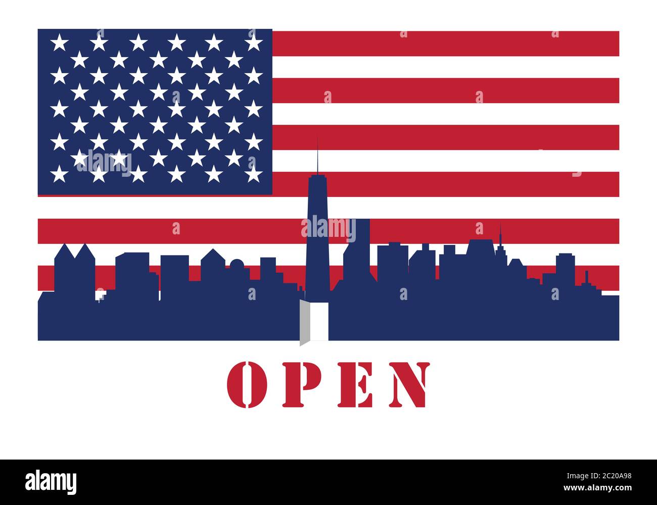 Concetti di riapertura dell'America dopo quarantena il paese per la prevenzione dell'epidemia di coronavirus pandemic. Immagine della porta aperta e profilo della b Illustrazione Vettoriale