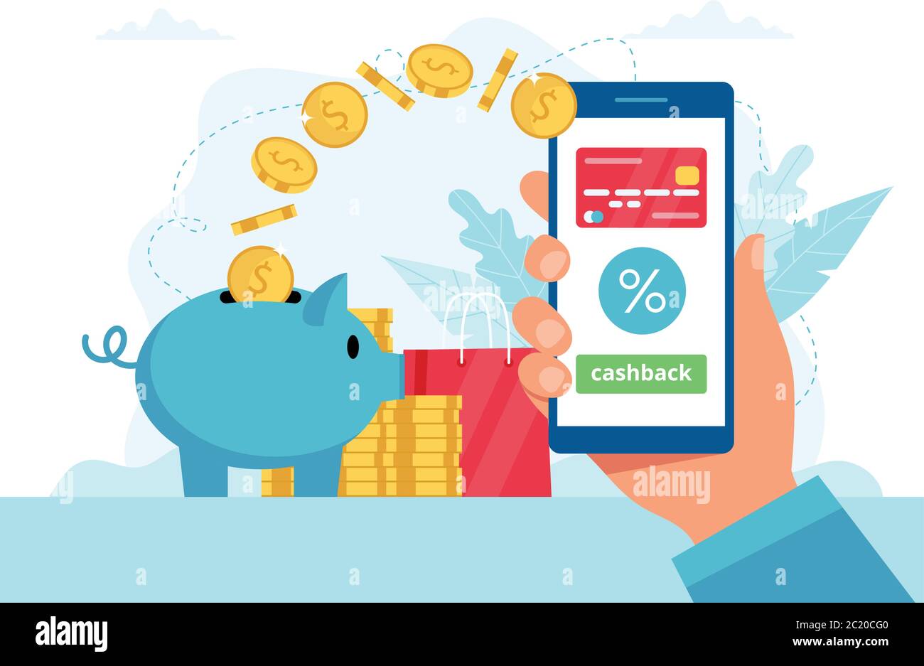 Concetto di cashback - tenendo una mano con uno smartphone con app, il denaro va in una piggybank. Illustrazione vettoriale in stile piatto Illustrazione Vettoriale