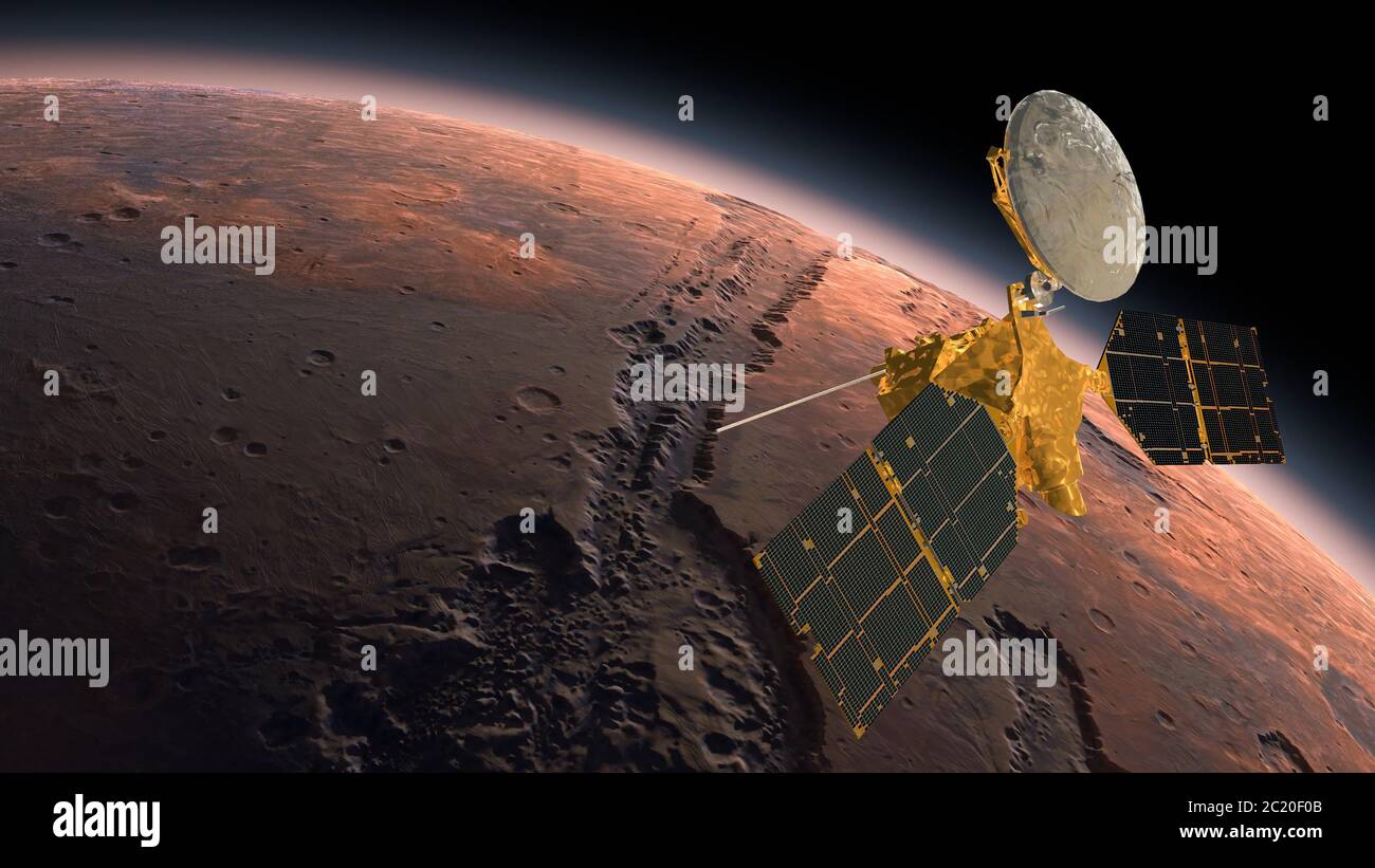 Marte Reconnaissance Orbiter, MRO orbitante Marte. Marte pianeta che ruota nello spazio esterno.Viaggiare verso il pianeta rosso Marte nello spazio. Elementi di questo vi Foto Stock