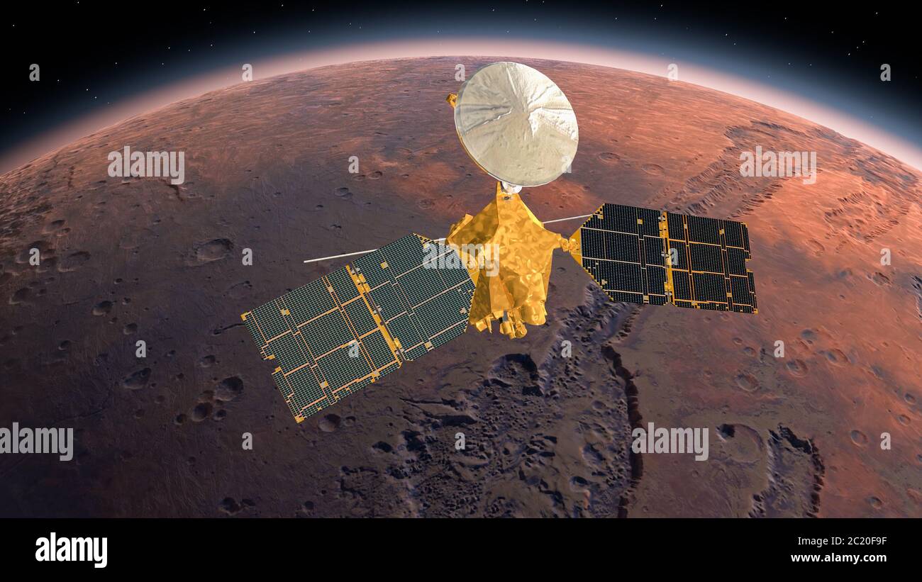 Marte Reconnaissance Orbiter, MRO orbitante Marte. Marte pianeta che ruota nello spazio esterno.Viaggiare verso il pianeta rosso Marte nello spazio. Elementi di questo vi Foto Stock