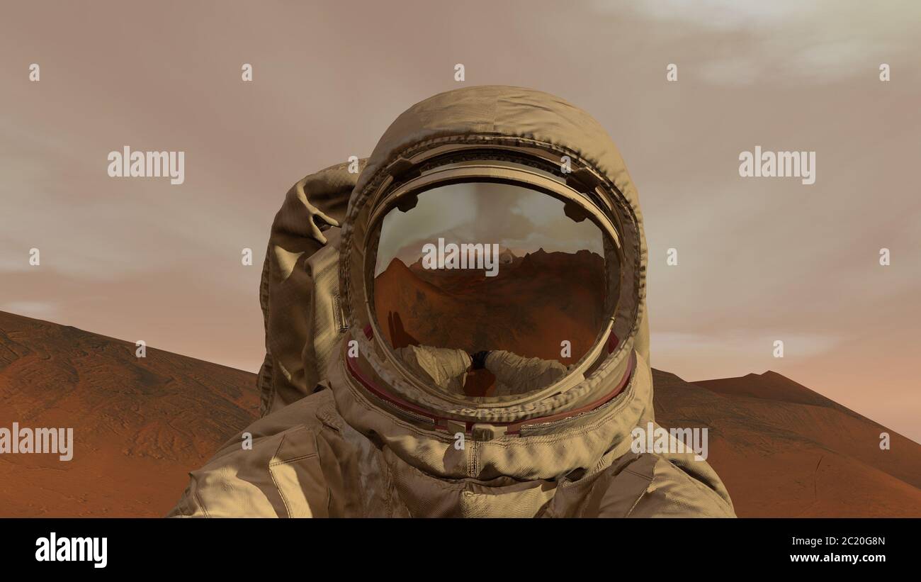 Rendering 3D. Colonia su Marte. Astronauta seduto su Marte e ammirando il paesaggio. Esplorazione della missione su Marte. Colonizzazione futuristica e Space Explora Foto Stock