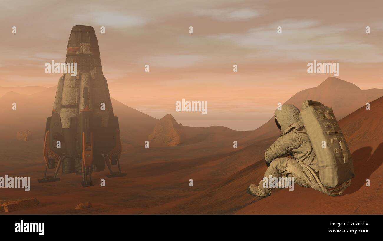 Rendering 3D. Colonia su Marte. Astronauta seduto su Marte e ammirando il paesaggio. Esplorazione della missione su Marte. Colonizzazione futuristica e Space Explora Foto Stock