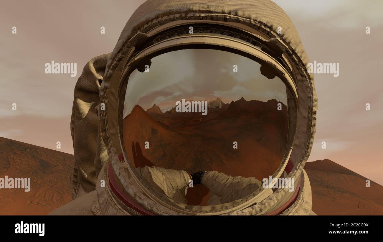 Rendering 3D. Colonia su Marte. Astronauta seduto su Marte e ammirando il paesaggio. Esplorazione della missione su Marte. Colonizzazione futuristica e Space Explora Foto Stock