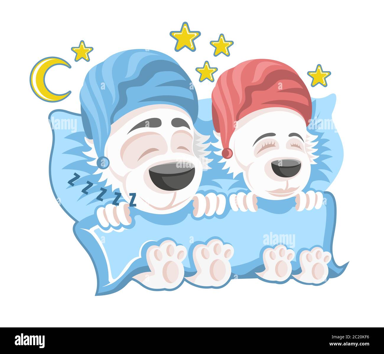 Famiglia di cani, uomo e donna che dormono nel letto rivestito di cappelli da notte in stile cartoon su bianco Illustrazione Vettoriale