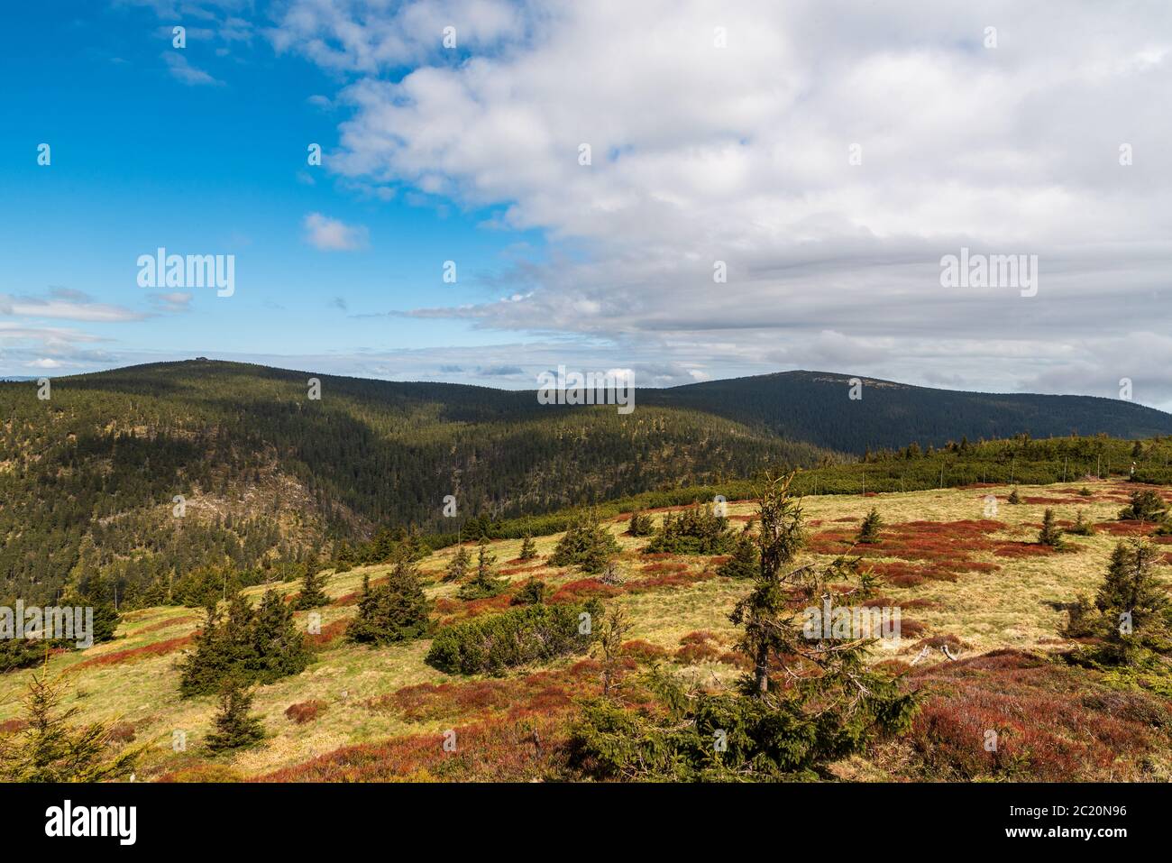 Vista sulle colline di Vozka e Keprnik dalla collina di Cervena hora sopra Vresova studanka in primavera montagne di Jeseniky nella repubblica Ceca Foto Stock