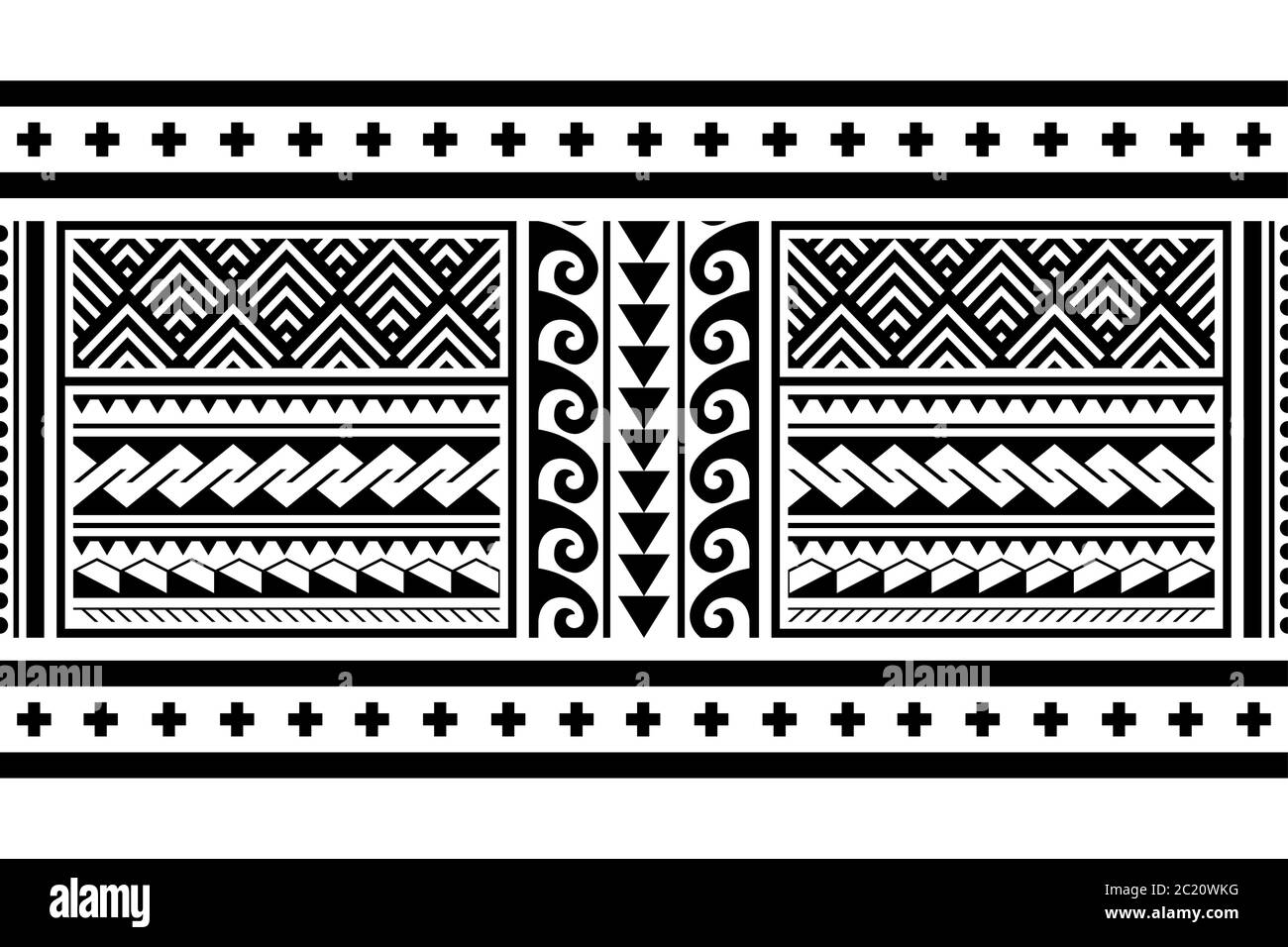Tribale etnico polinesiano geometrico senza cuciture vettore lungo modello orizzontale, hawaiano nero e bianco design ispirato da Maori tatuaggio arte Illustrazione Vettoriale