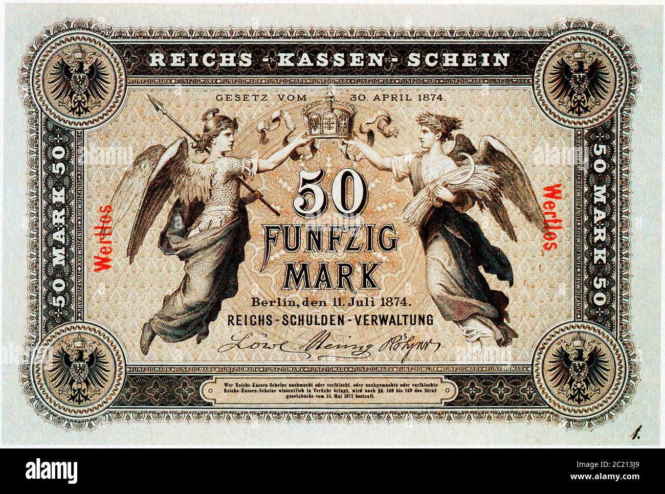 Banconota Historische, 11. Juli 1874, FÃ¼nfzig Marco Foto Stock
