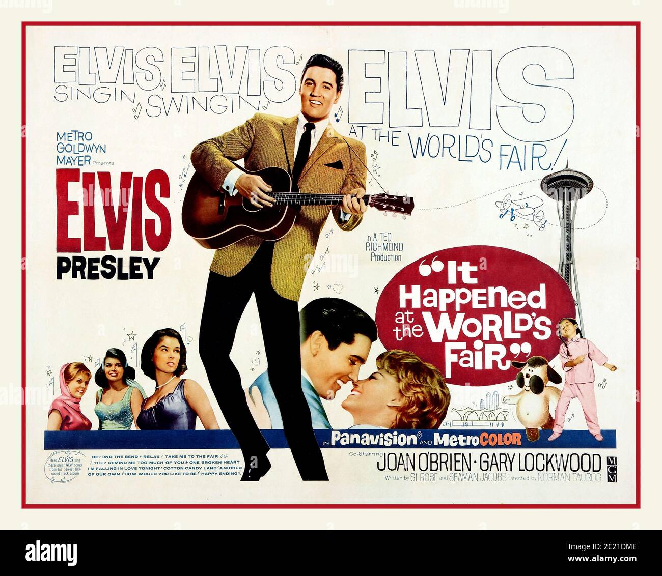 Vintage Movie Poster ‘è successo al film musicale americano Elvis Presley del 1963 della Worlds Fair con Elvis Presley come pilota di spolvero. È stato girato a Seattle, Washington, sede dell'esposizione del secolo 21, conosciuta anche come la fiera mondiale di Seattle del 1962. Inoltre, con Joan o’Brien e Gary Lockwood MGM Studios prodotti da Ted Richmond Foto Stock