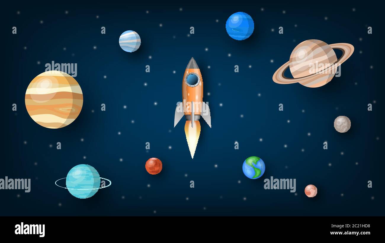 Razzo che vola in un altro universo con pianeti del sistema solare, illustrazione vettoriale Illustrazione Vettoriale