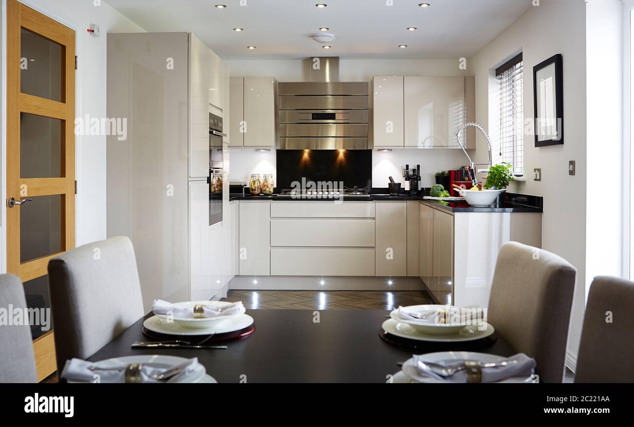Interni moderni di una grande cucina con mobili modulari e tavolo da pranzo Foto Stock