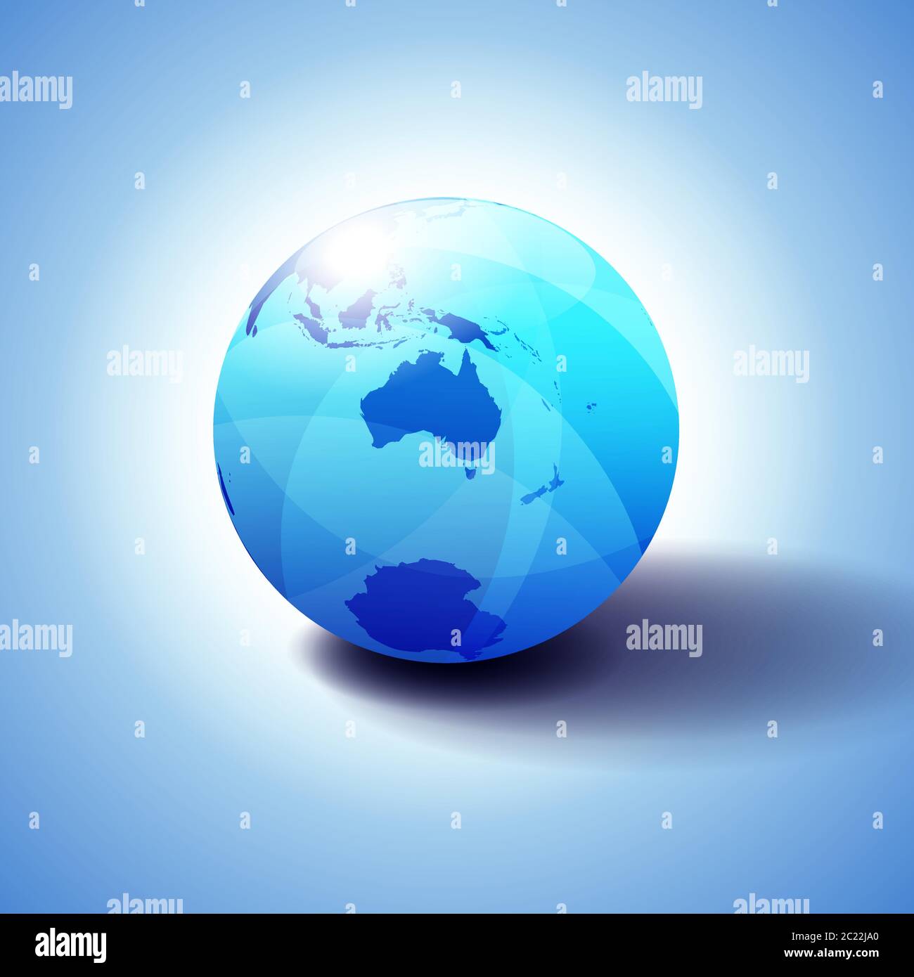 Australia e Nuova Zelanda, Polo Sud, Antartide, sfondo con icona Globe illustrazione 3D, lucida, sfera lucida con mappa globale in blu sottile Illustrazione Vettoriale