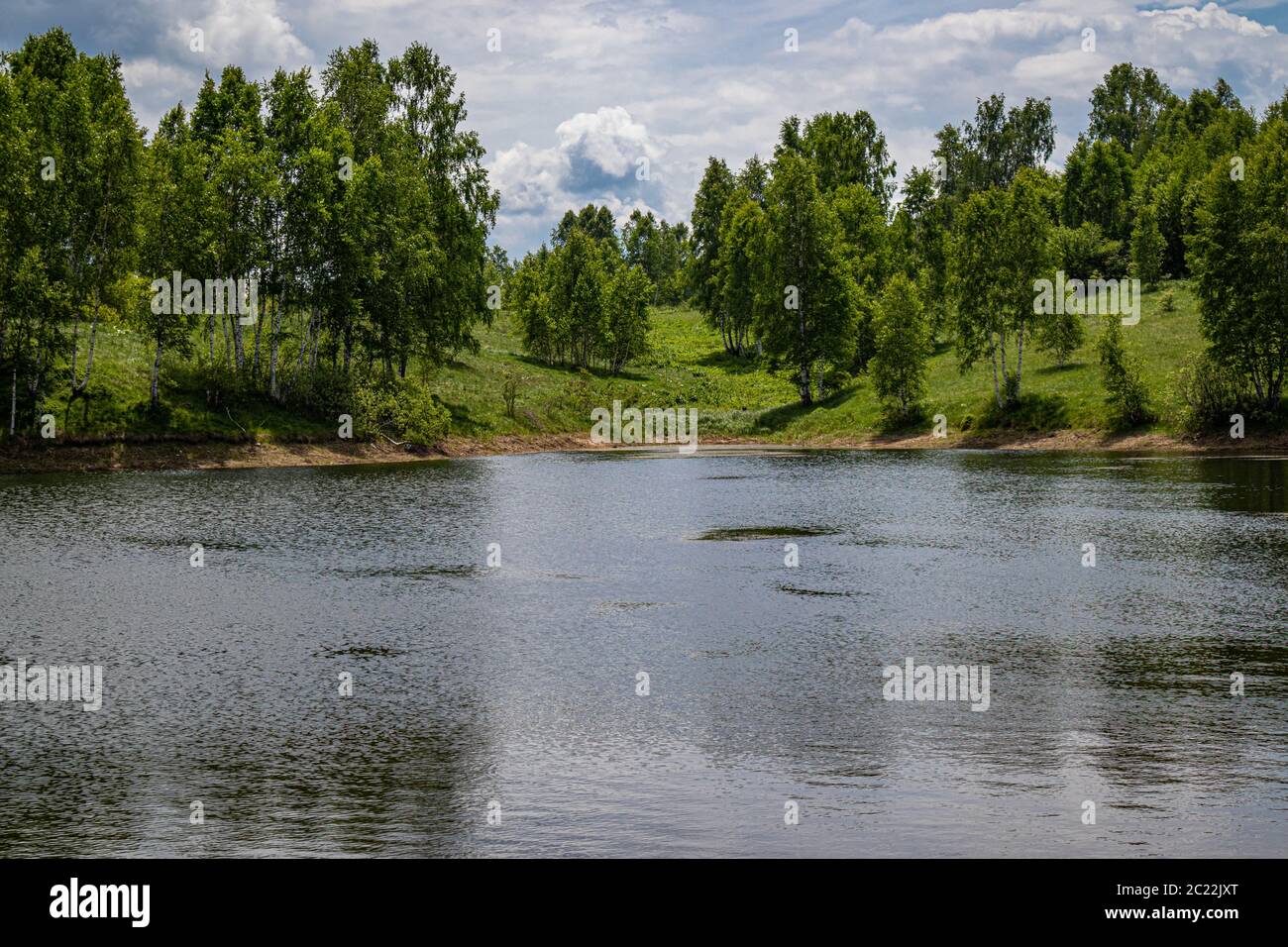Bellissimo lago di montagna con acqua blu ondulata e prato verde con foresta in un giorno estivo con tempo nuvoloso Foto Stock