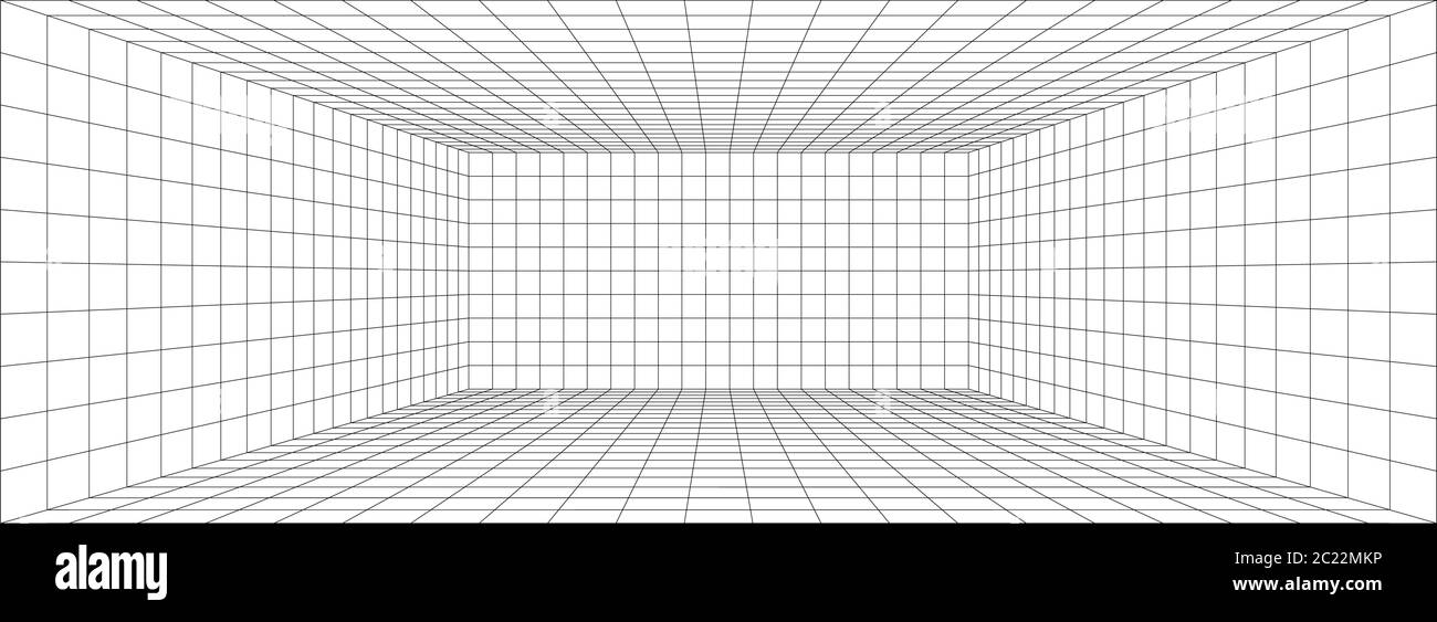 Immagine vettoriale 3d di sfondo della griglia prospettica. Modello di sfondo proiezione modello. Linea una prospettiva punto Illustrazione Vettoriale