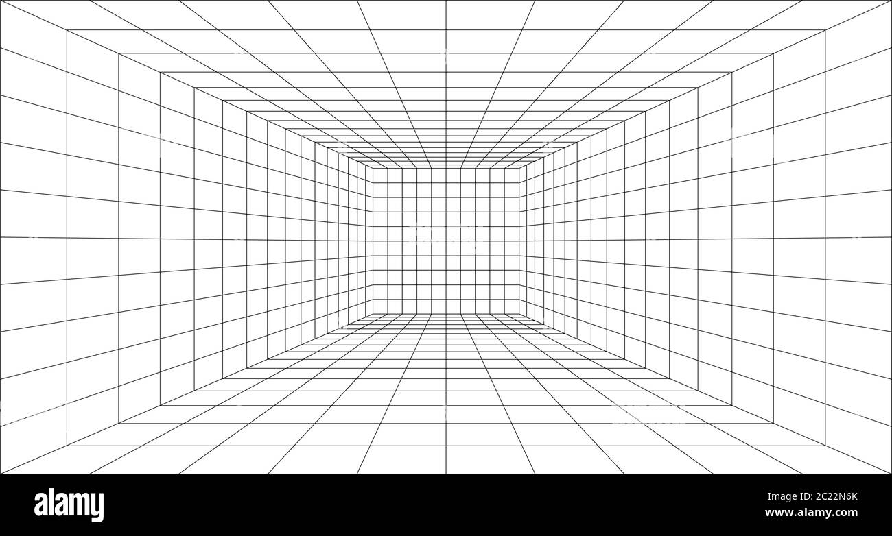 Immagine vettoriale 3d di sfondo della griglia prospettica. Modello di sfondo proiezione modello. Linea una prospettiva punto Illustrazione Vettoriale