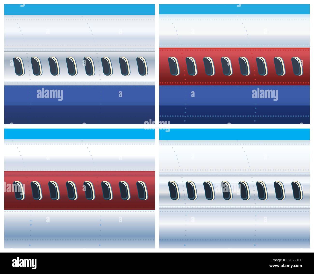 Illustrazione vettoriale sul tema dell'aviazione e del trasporto aereo. La fusoliera di un aereo commerciale in diversi colori. Immagine orizzontale senza giunture Illustrazione Vettoriale