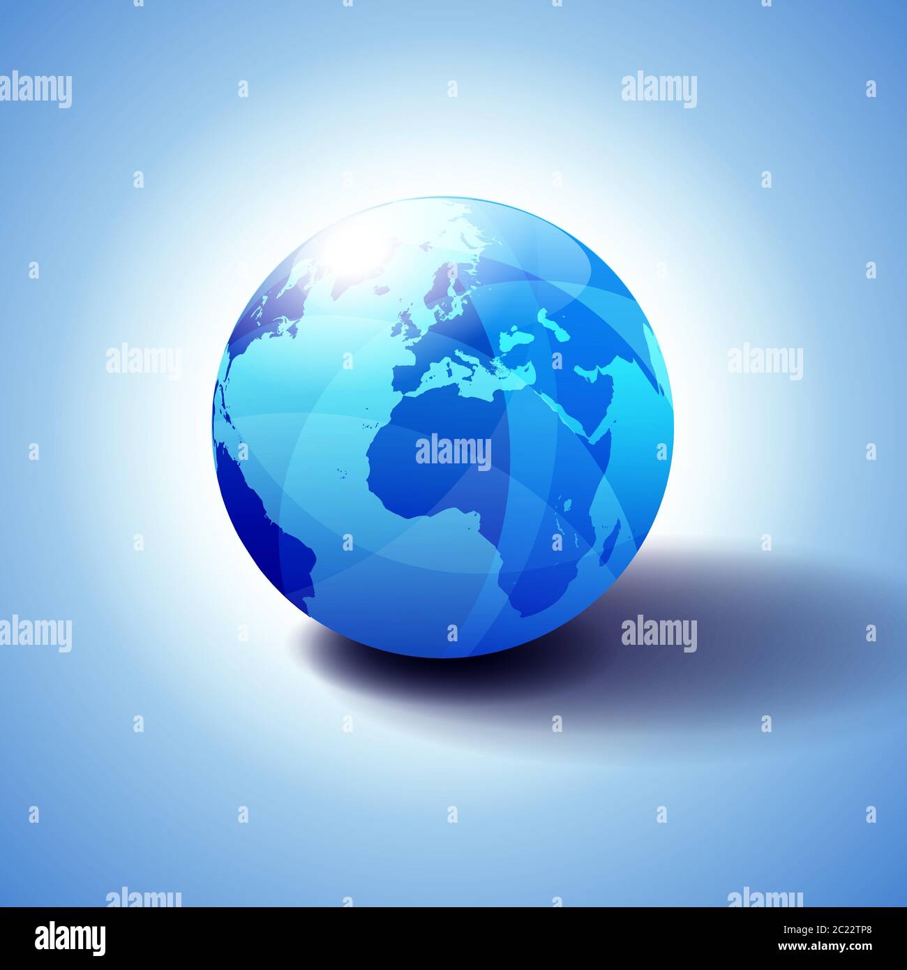 Europa e Africa, sfondo con l'icona Globe illustrazione 3D, sfera lucida e lucida con mappa globale in blu sottile per un'atmosfera trasparente. Illustrazione Vettoriale