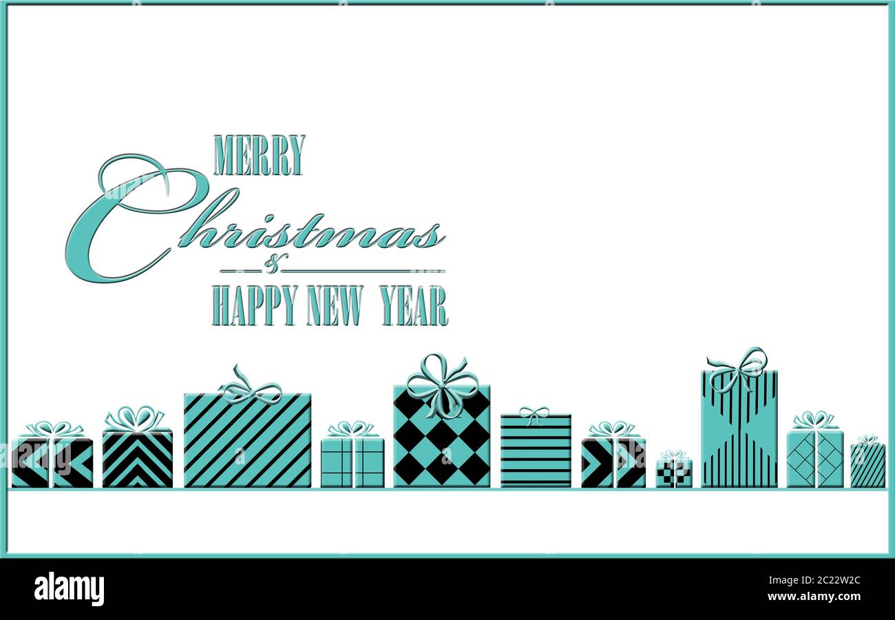 Biglietto d'auguri di Natale moderno. Parole blu Tiffany buon Natale e Felice anno nuovo su sfondo bianco e scatole regalo turchese avvolto con art deco nero parttern. Illustrazione 3D Foto Stock