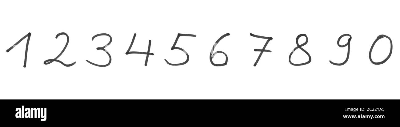 Numeri scritti a mano da 0 a 9 - disegno a matita nera Foto Stock