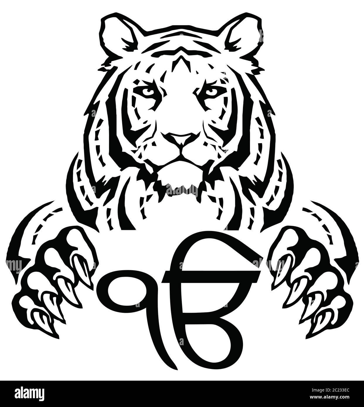 La Tigre e il simbolo più significativo del Sikhism - segno Ek Onkar, disegno per il tatuaggio, su uno sfondo bianco, vettore Illustrazione Vettoriale