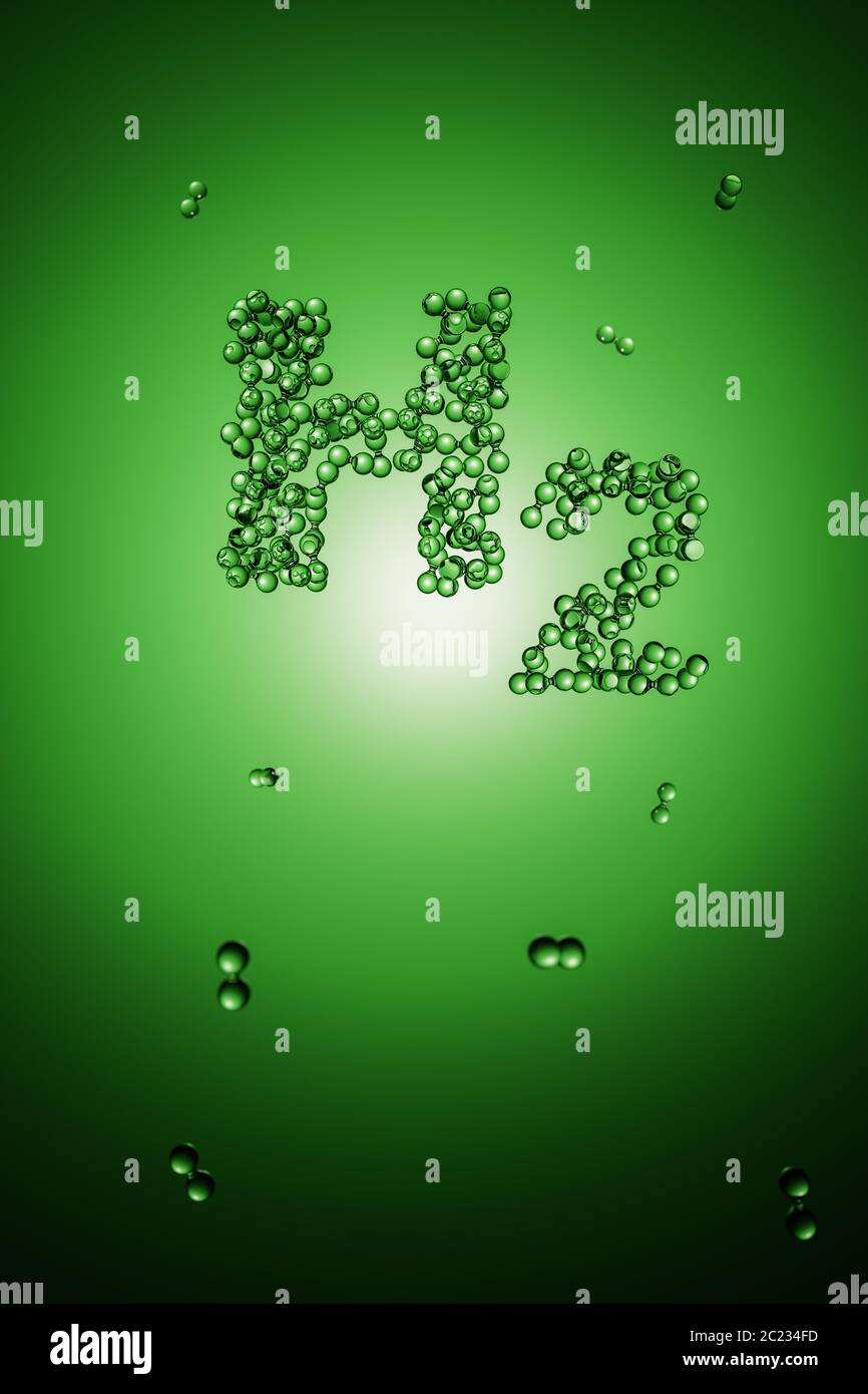 Rendering 3d: Molecole di idrogeno astratte H2 che formano le lettere 'H2' davanti a sfondo verde. Energia verde, idrogeno verde. Foto Stock